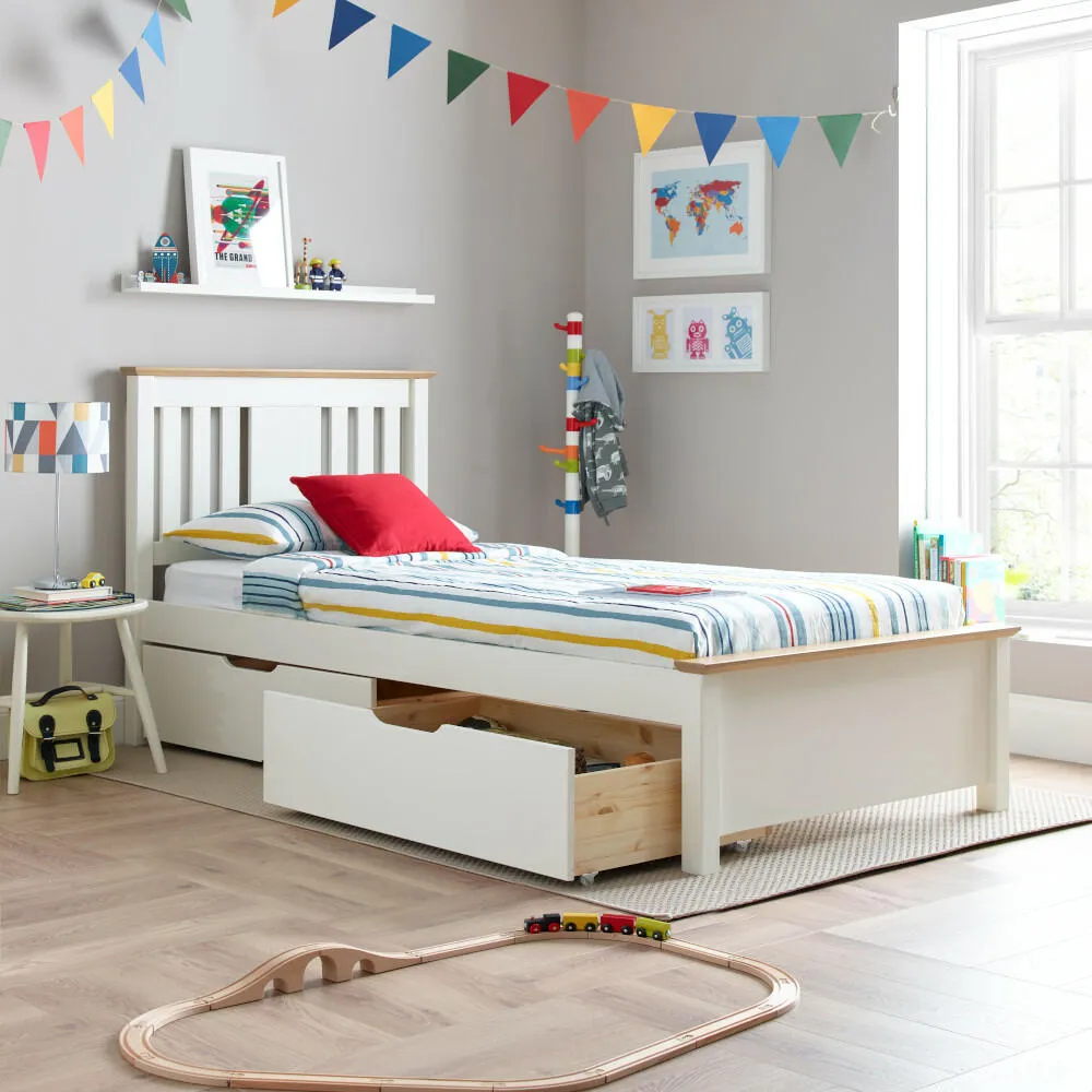 Wooden Bed Frame with 4 Underbed Storage Drawers 4ft6 Double Chester White and Oak