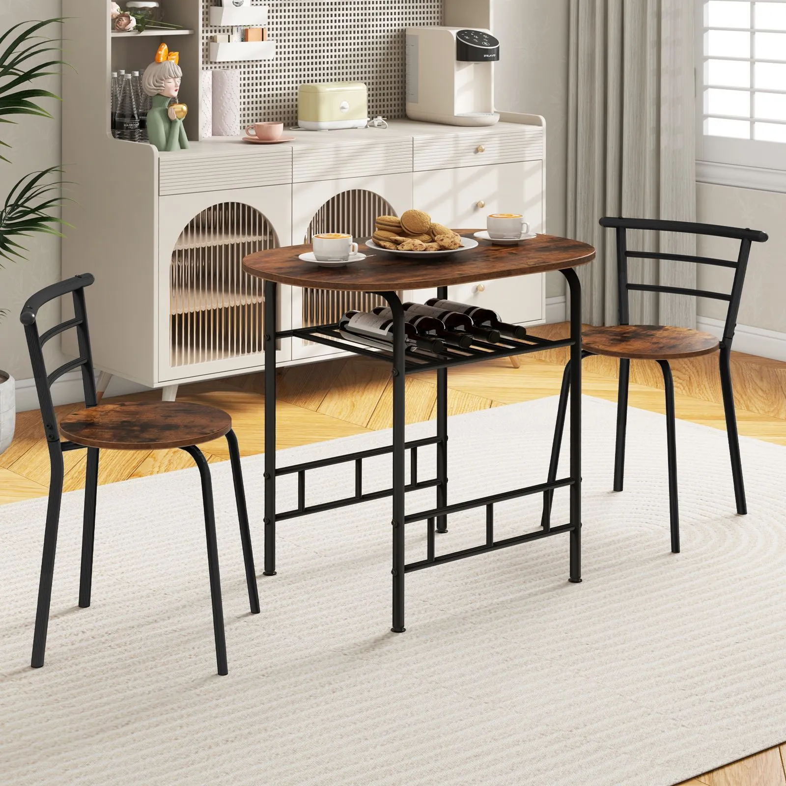 Costway 3-Piece Dining Table Set Kitchen Breakfast Nooks Table & Chairs in Brown 3