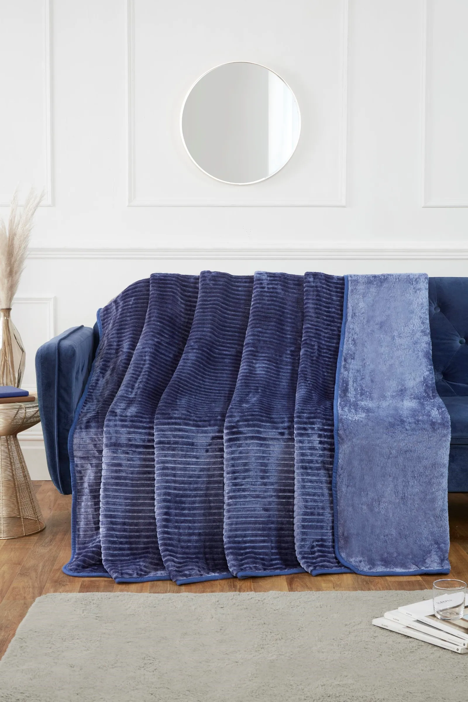 Rapport Home Ribbed Mink Faux Fur Blanket Throw in Indigo