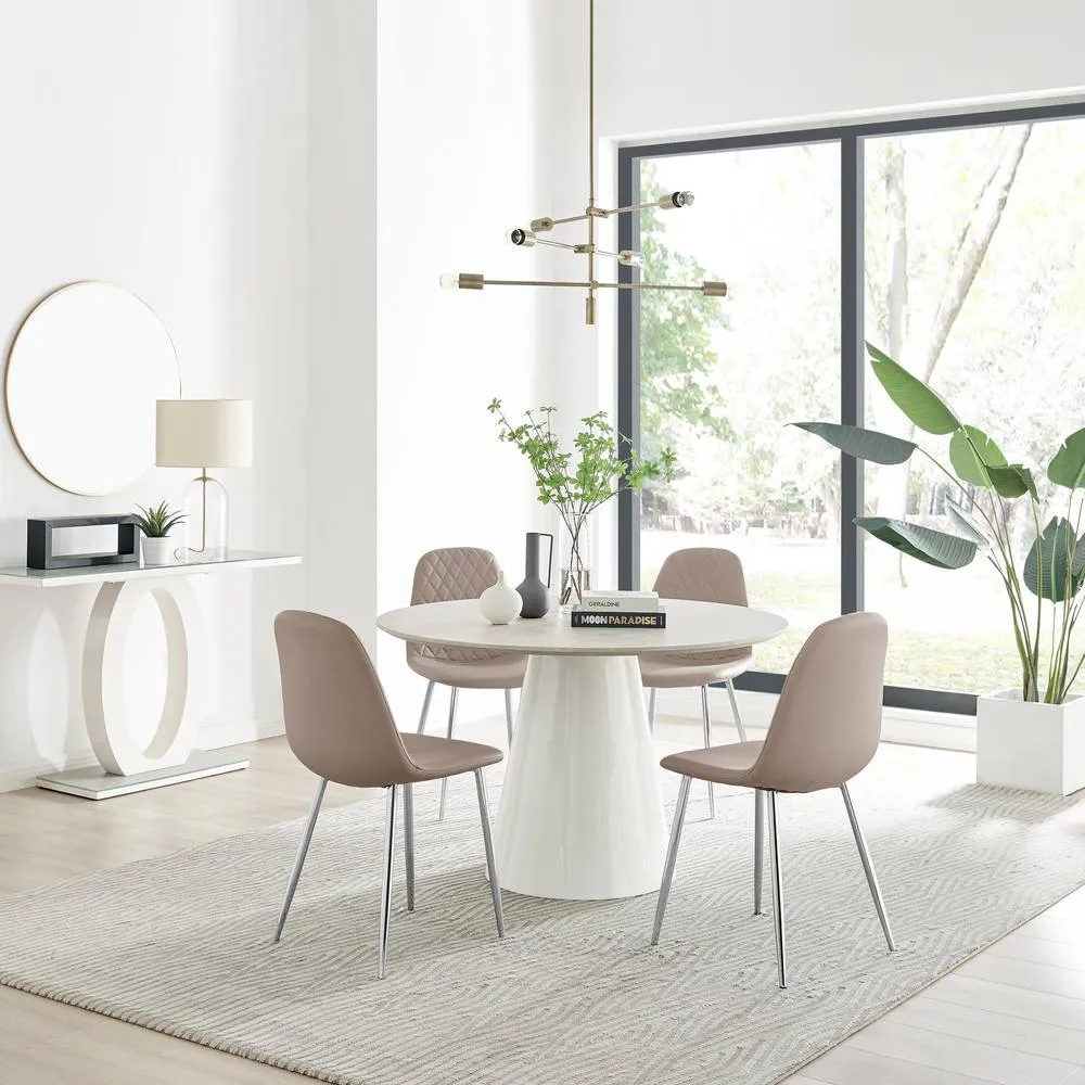 FurnitureboxUK Palma Beige Stone Effect Round Dining Table & 4 Corona Silver Chairs
