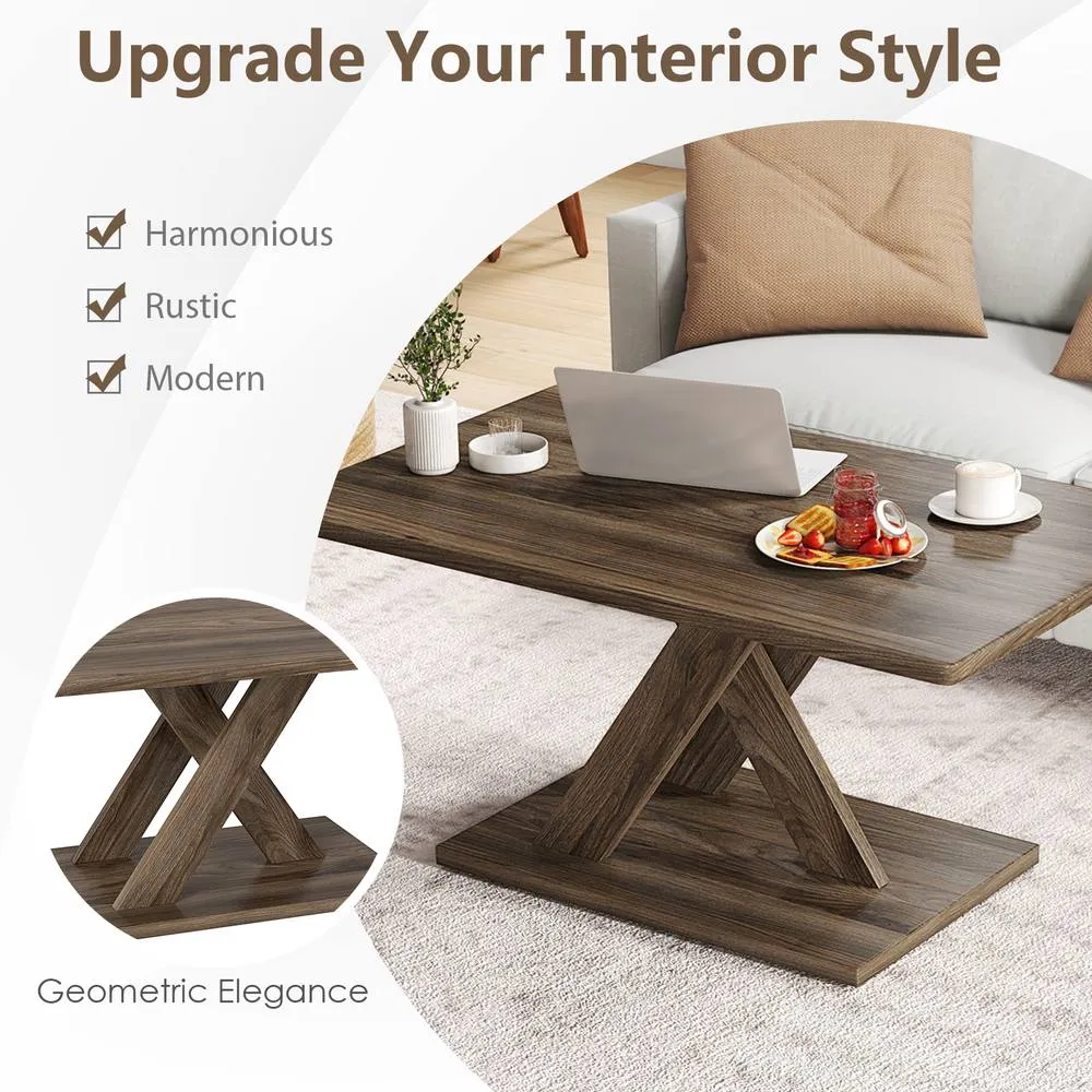 Costway 95CM Coffee Table Rectangular Center Table Farmhouse Cocktail Table in Brown 4