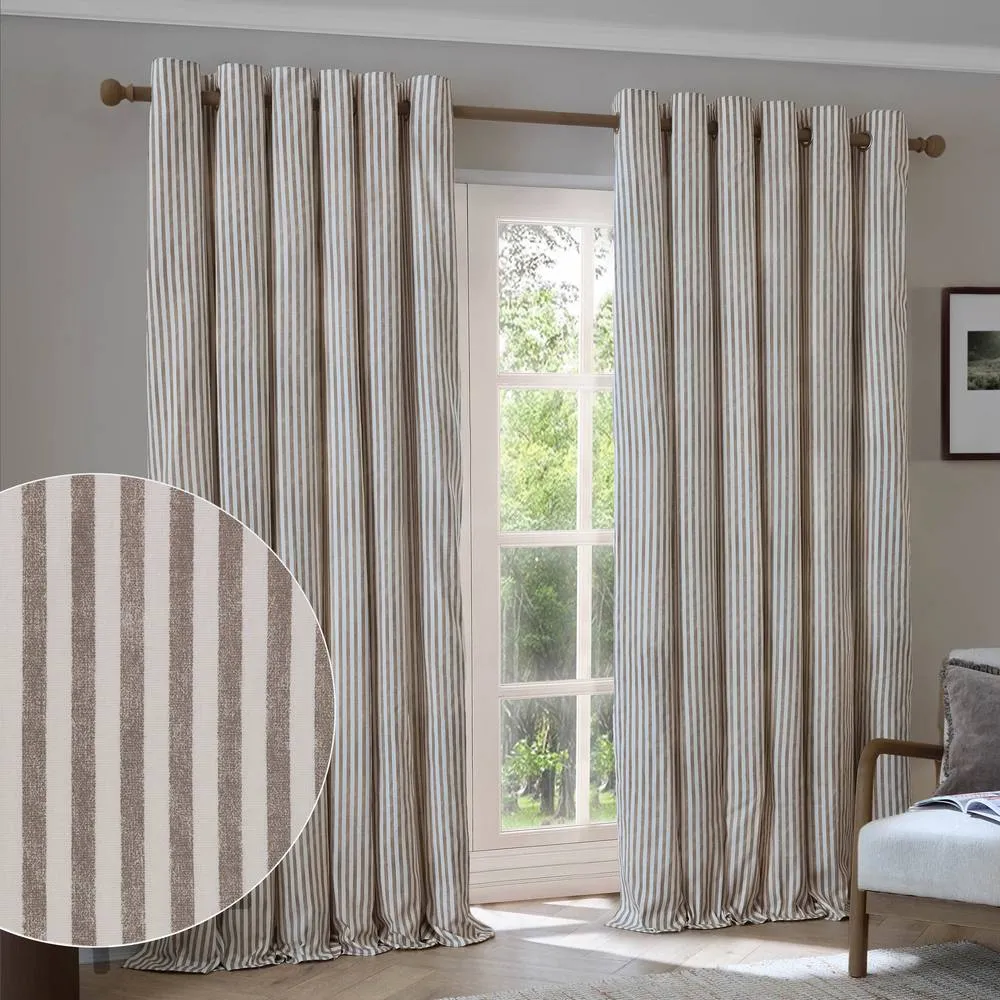 Yard Hebden Striped 100% Cotton Blackout Eyelet Curtain Pair in Light Brown 1