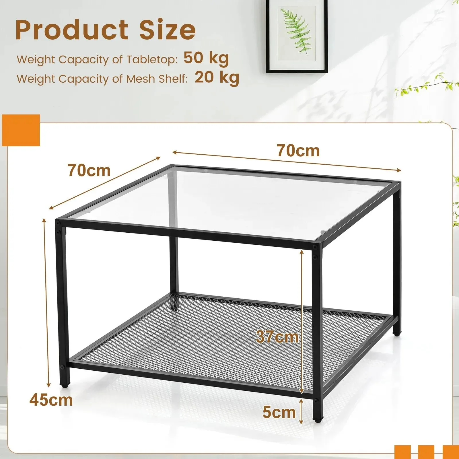 Costway Modern Glass Top Coffee Table Home Square Center Table Accent Sofa Side Table in Clear 3