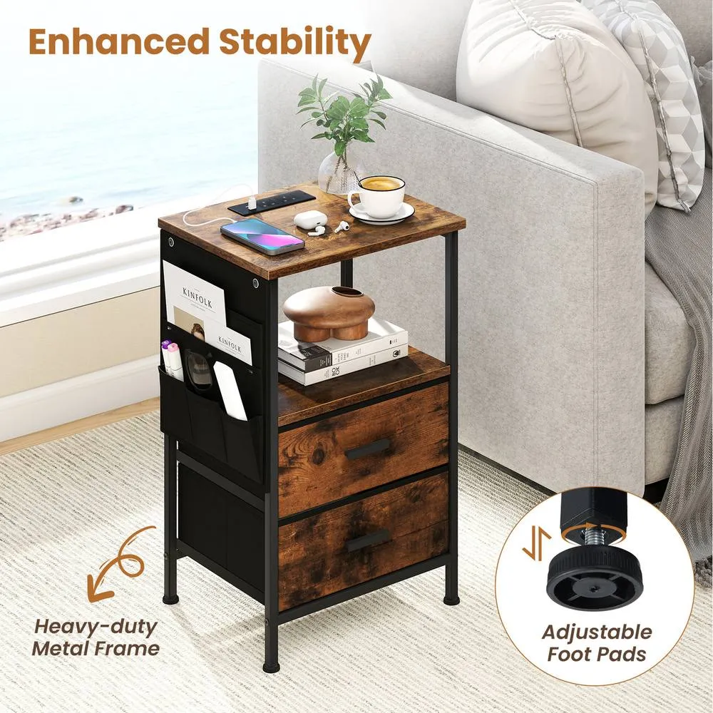 Costway 2 Pcs Bedroom Nightstand End Table with Charging Station-Brown in Brown 6
