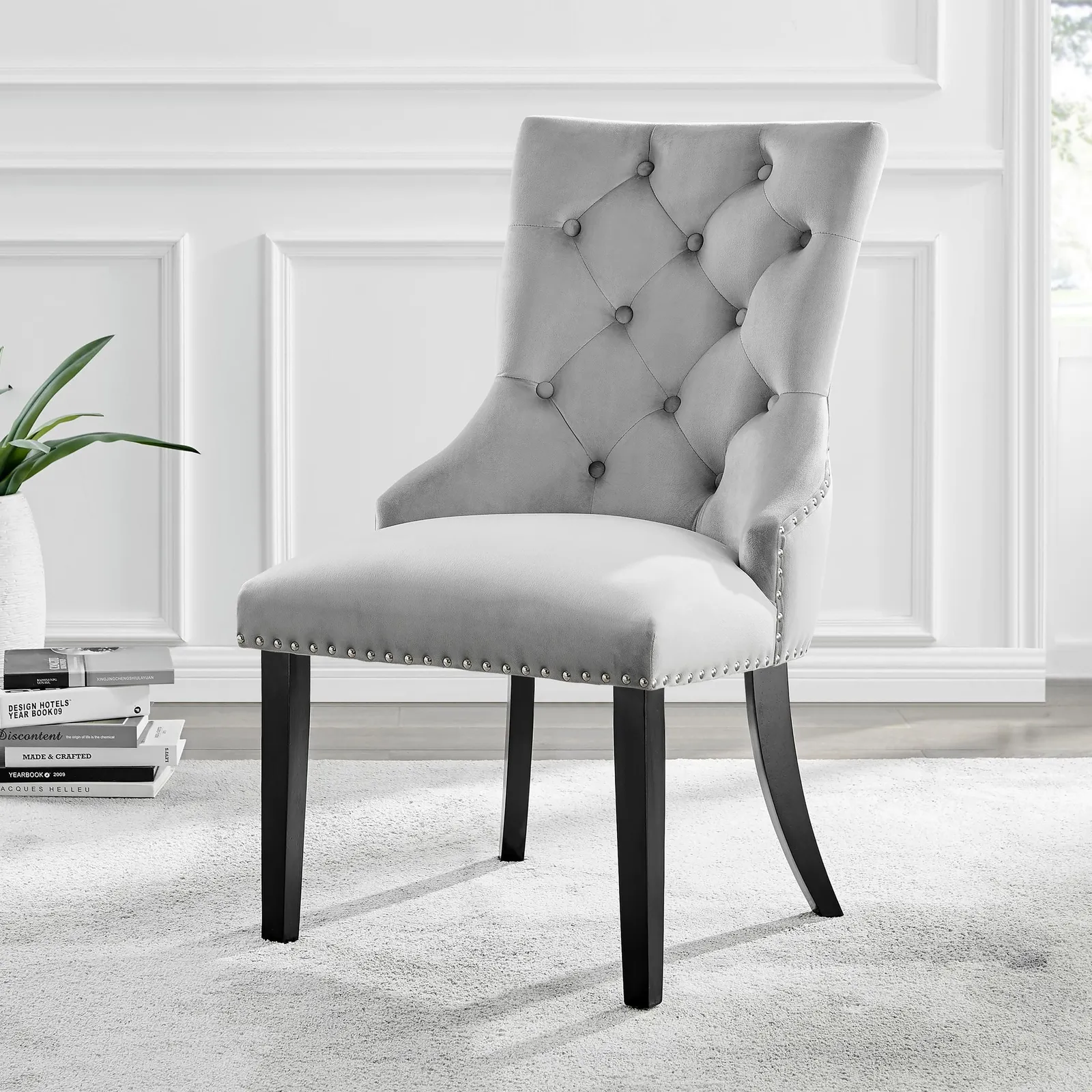 FurnitureboxUK Set of 2 Belgravia Deep Padded Soft Velvet & Chrome Knockerback Dining Chairs With Black Powder Coated Legs in Grey