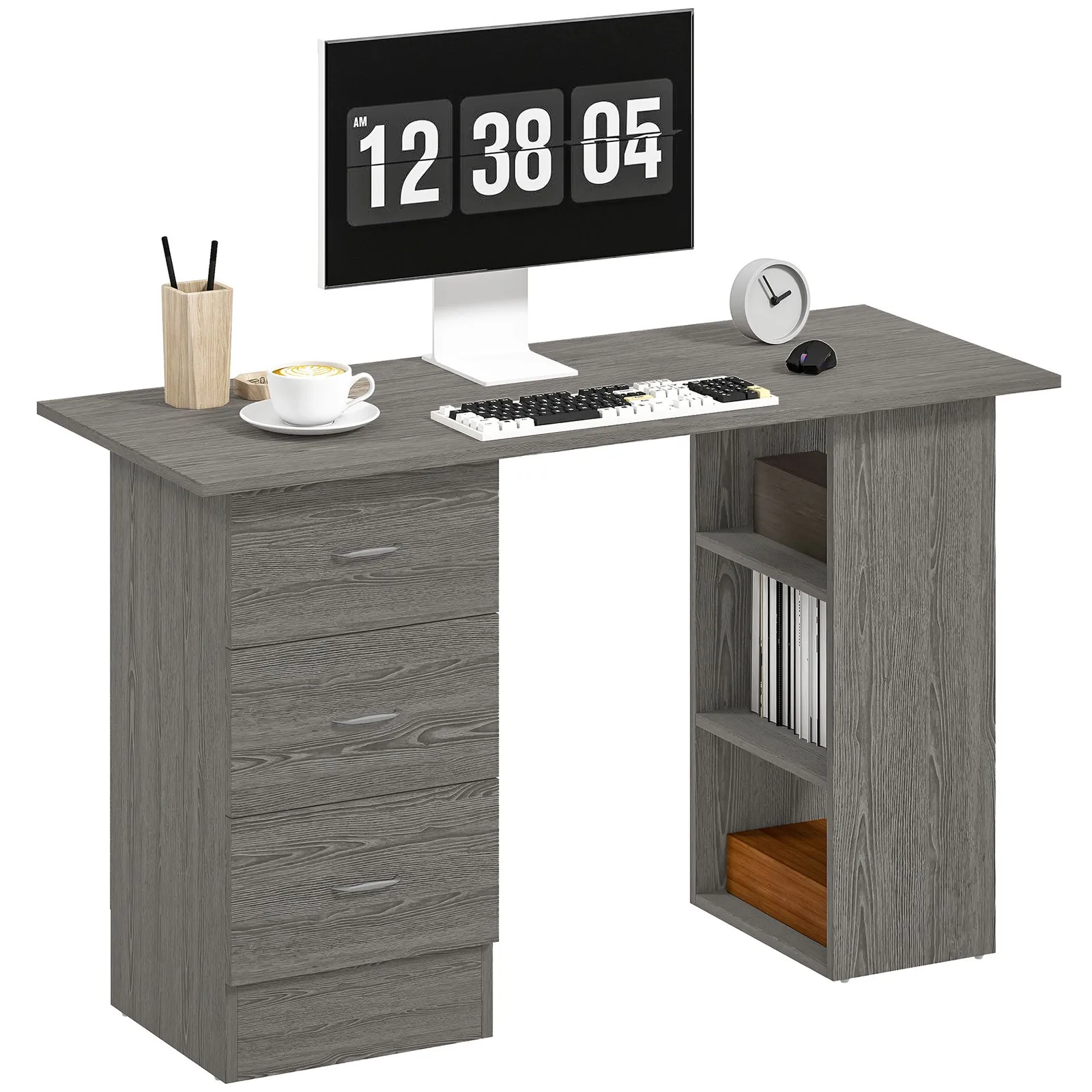 HOMCOM 120cm Computer Desk, Study Table with 3 Shelf & Drawers in Grey 2