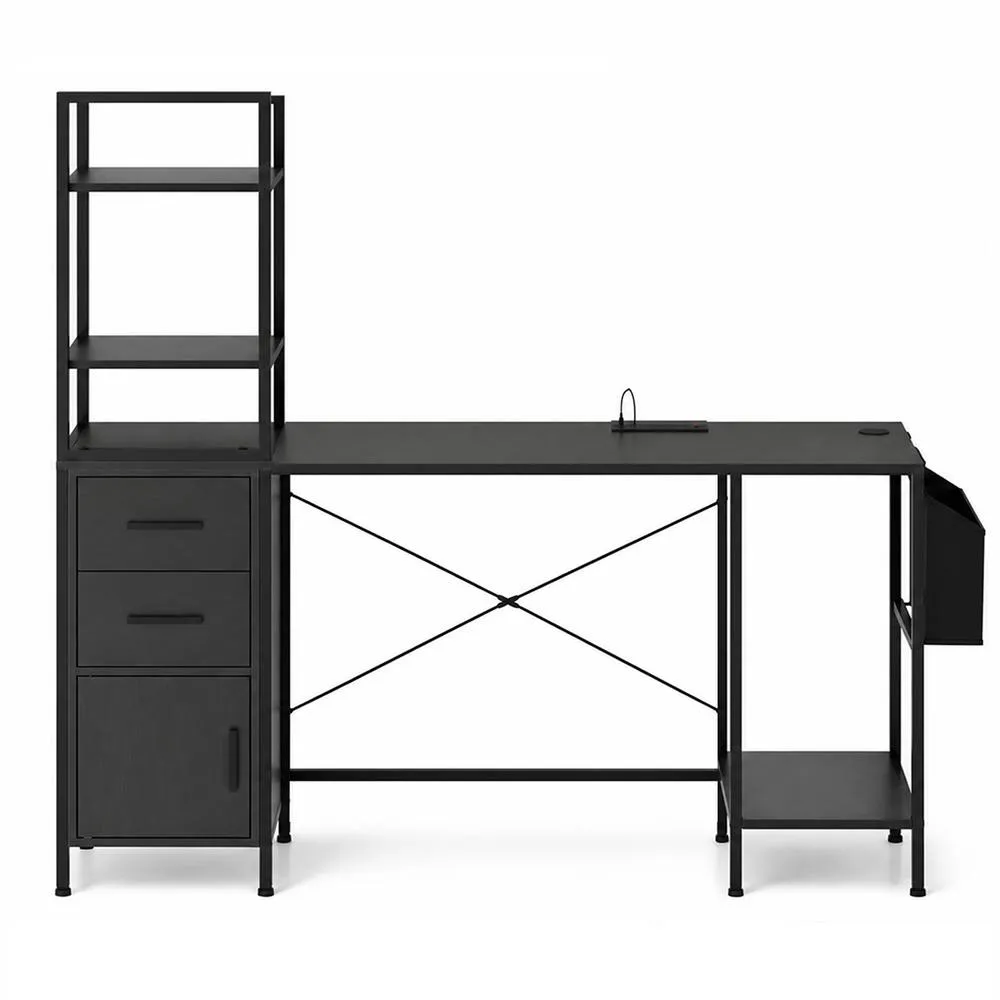 Costway Office Desk with LED Lights & Power Outlets Black Computer Desk with Shelf