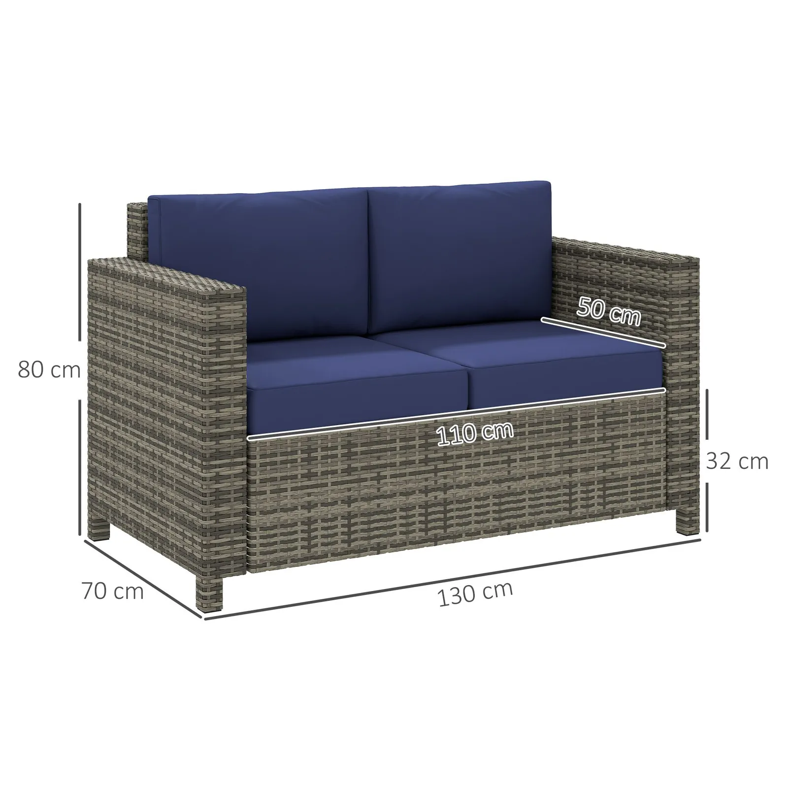 OUTSUNNY Rattan Wicker 2-seat Sofa Loveseat Padded Garden Furniture in Dark Blue 3