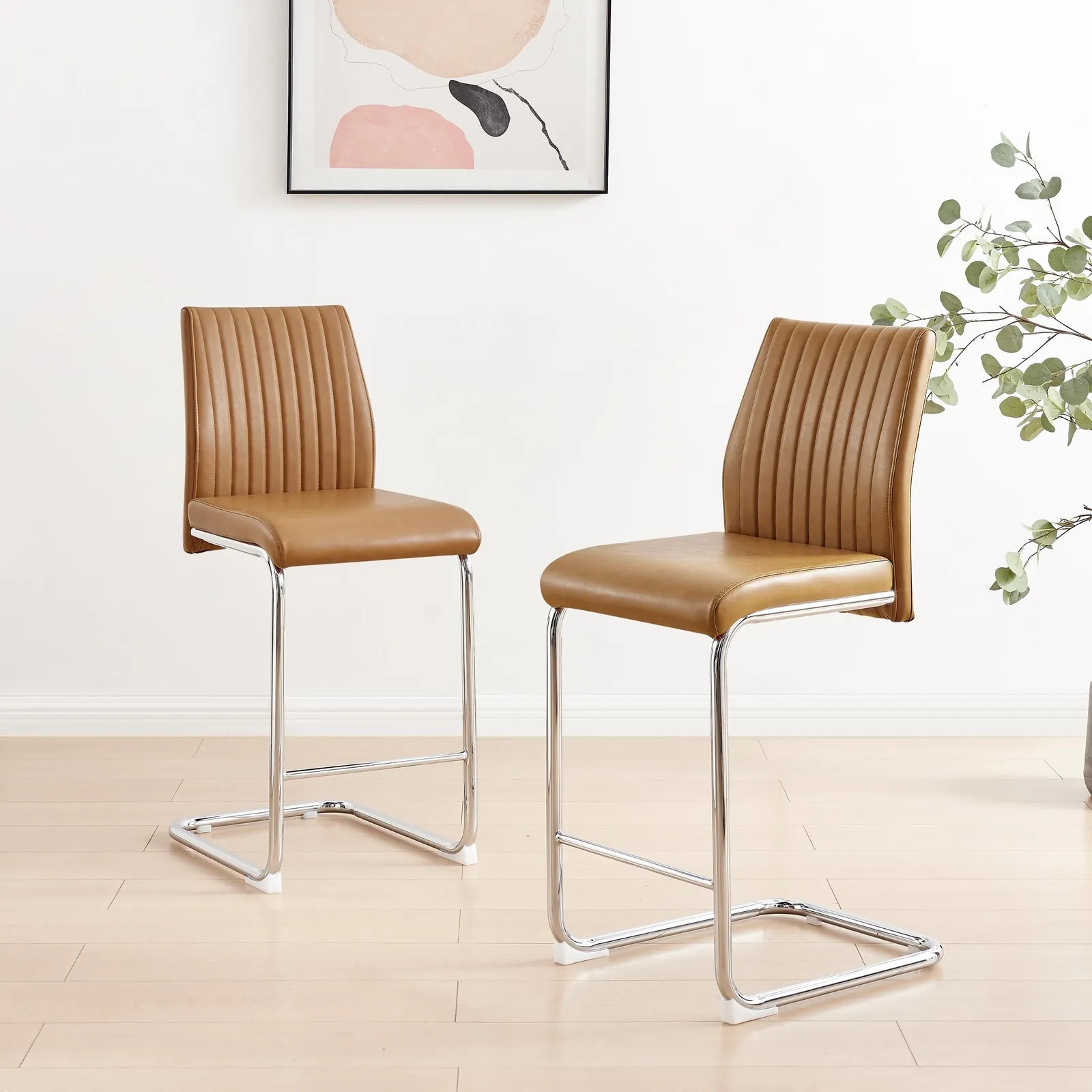 FurnitureboxUK Lorenzo 2x Faux Leather & Silver Counter Stools in Tan 2