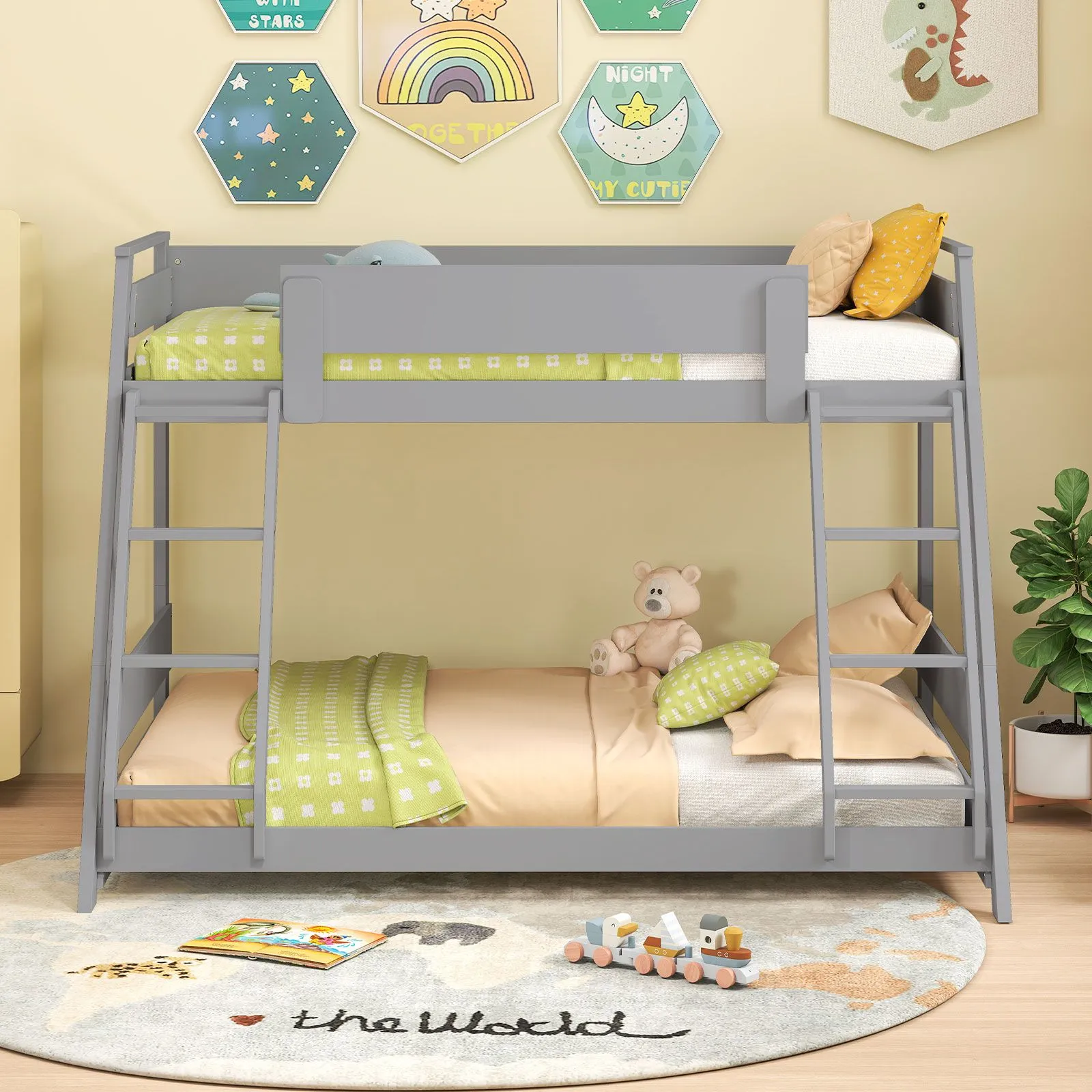 Costway 2-in-1 Single Over Double Bunk Bed Convertible Bed Frame w/ 2 Ladders in Grey 4