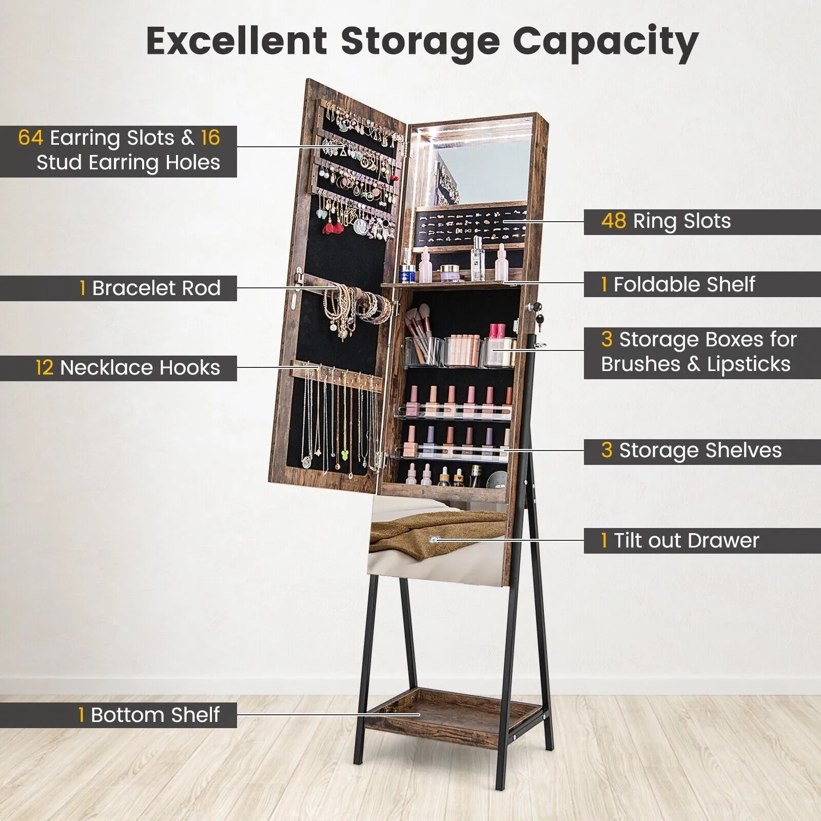 Costway Jewelry Cabinet Armoire w/ Full-Length Frameless Mirror & Built-in Makeup Mirror in Brown 5
