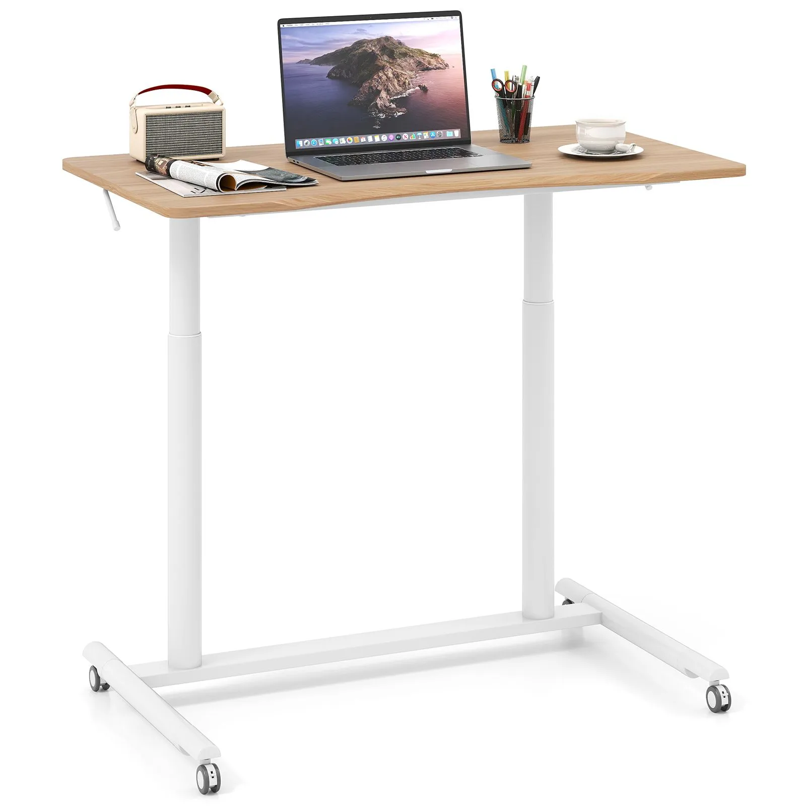 Costway Mobile Standing Desk C-Shaped Sit Stand Desk w/Adjustable Height in Natural 1