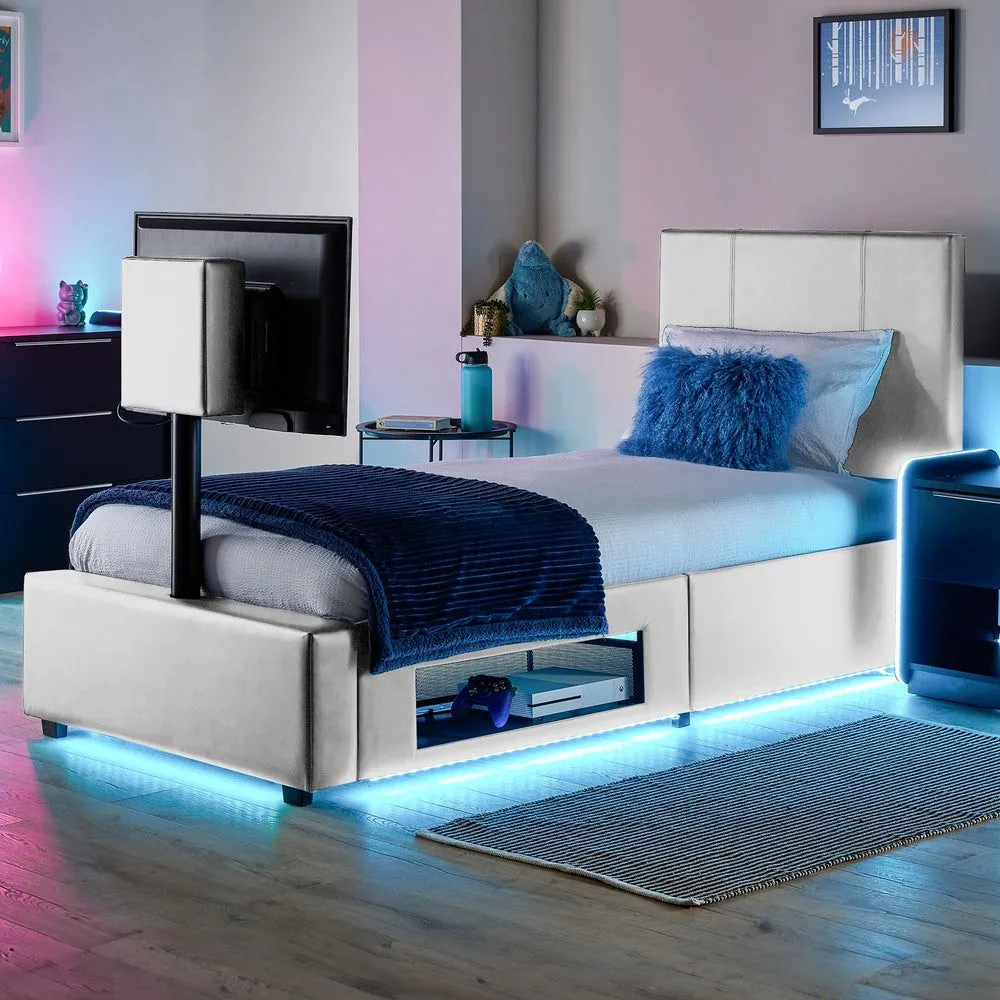 X Rocker AVA Upholstered TV Bed with Underbed Storage & LED Lights in White 1