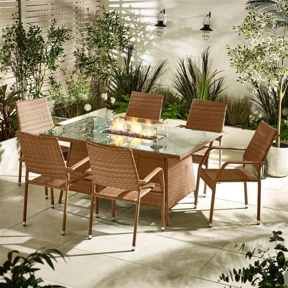 FurnitureboxUK Marbella 6 Seat Rattan Firepit Table Garden Dining Set in Beige 1