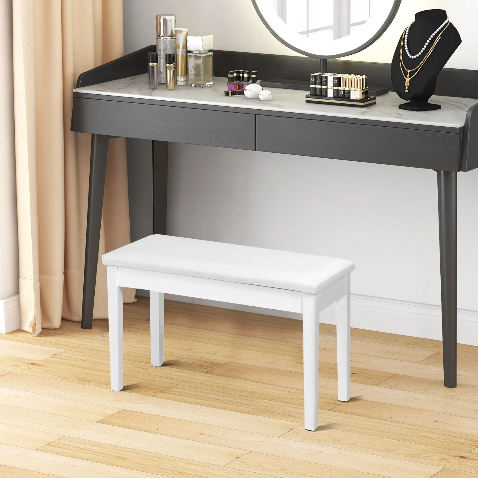 Costway 75cm PU Leather Piano Bench Double Duet Seat Padded Vanity Stool with Storage in White 4
