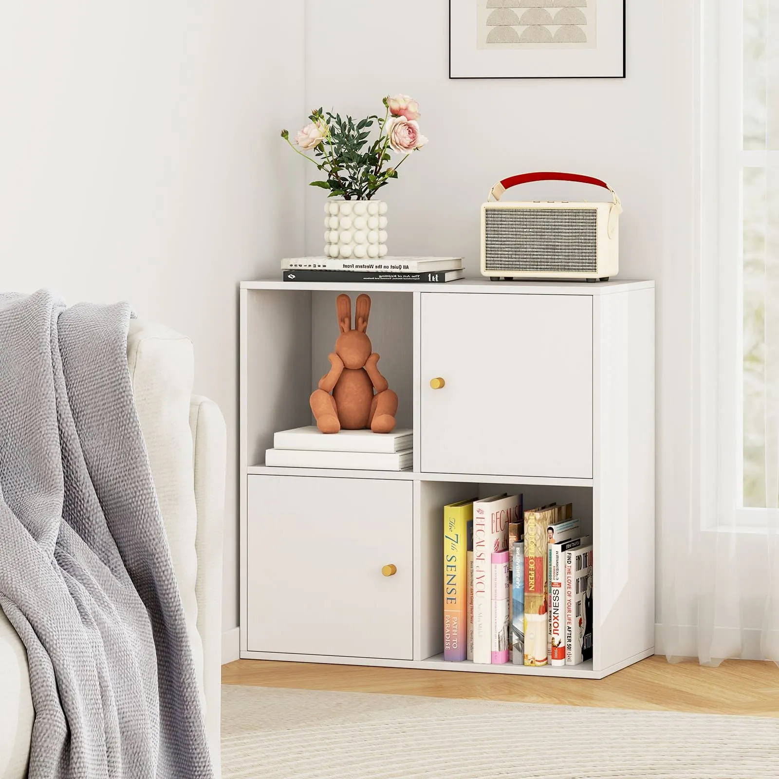 Costway 4-Cube Bookcase 3-Tier Bookshelf Storage Organizer w/2 Cabinets in White 4