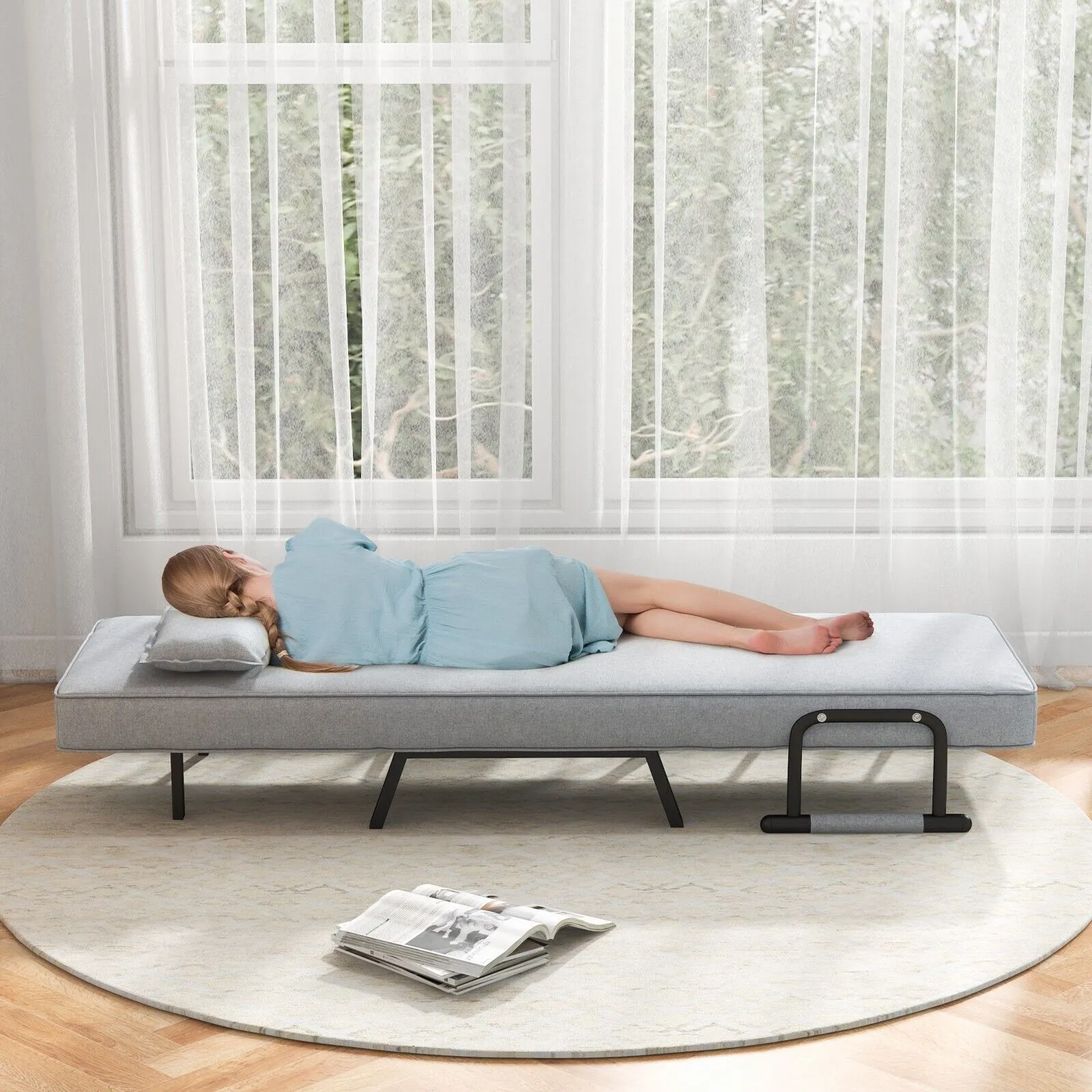 Costway Convertible Single Folding Sofa Bed Sleep Chair with 6 Positions Adjustable Backrest Light Grey 6