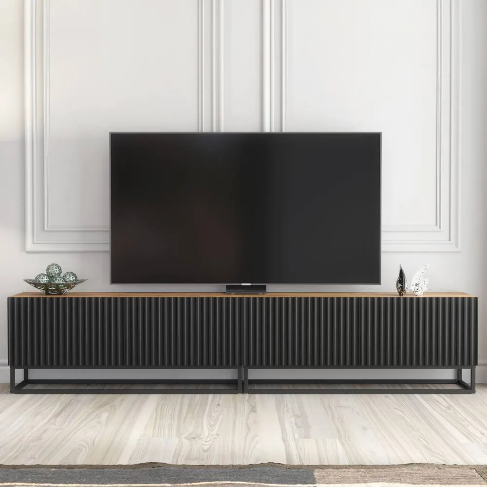Creative Furniture Ripple Duo TV Unit 200cm - Oak & Black Fluted Doors in Brown