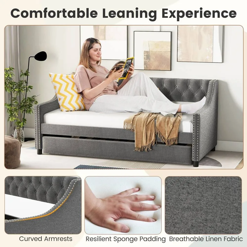 Costway Linen Upholstered Daybed Single Size Trundle Bed Sofa Bed Frame in Grey 6