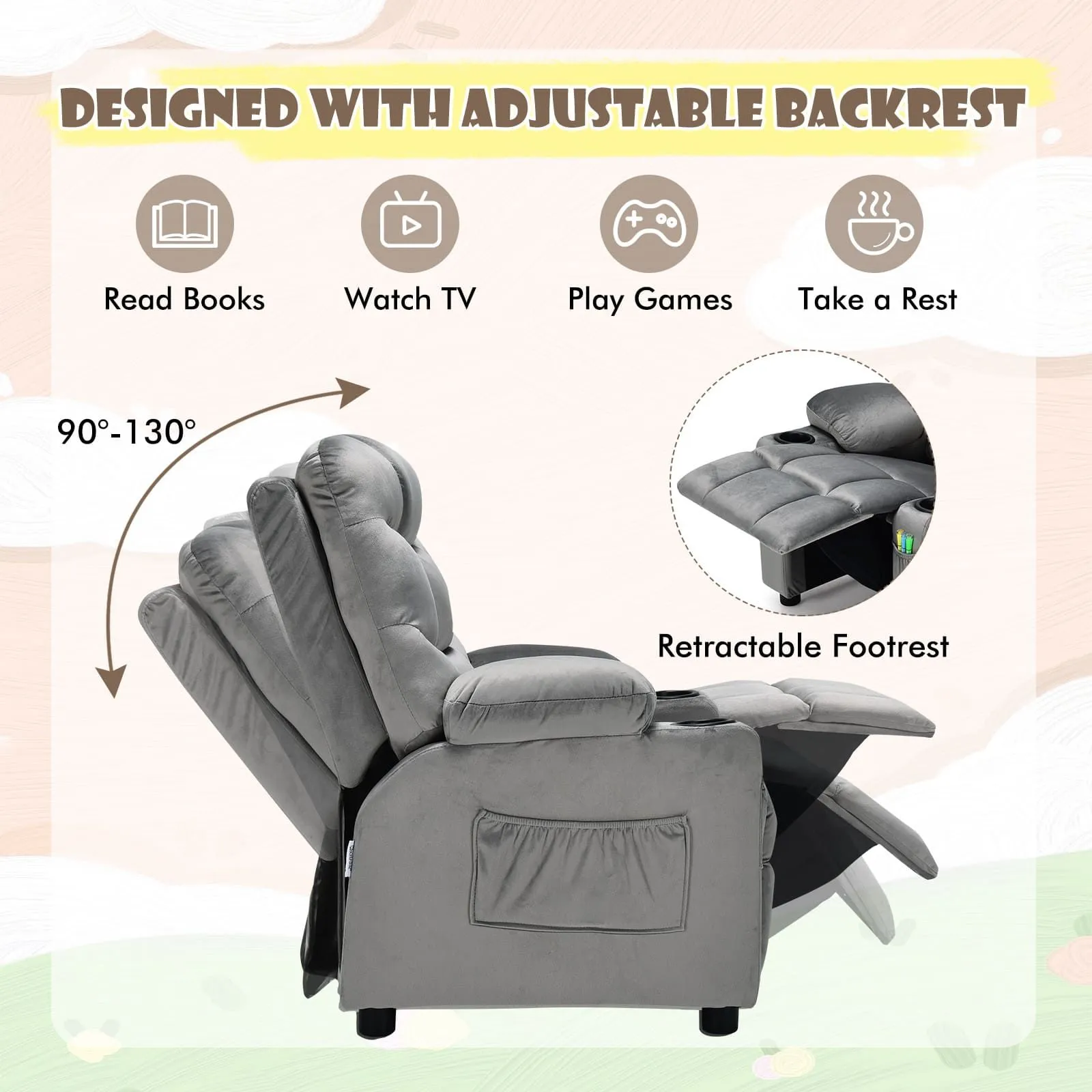 Costway Recliner Chair Velvet Fabric Adjustable Sofa Chair Gaming Lounge Chair in Grey 5
