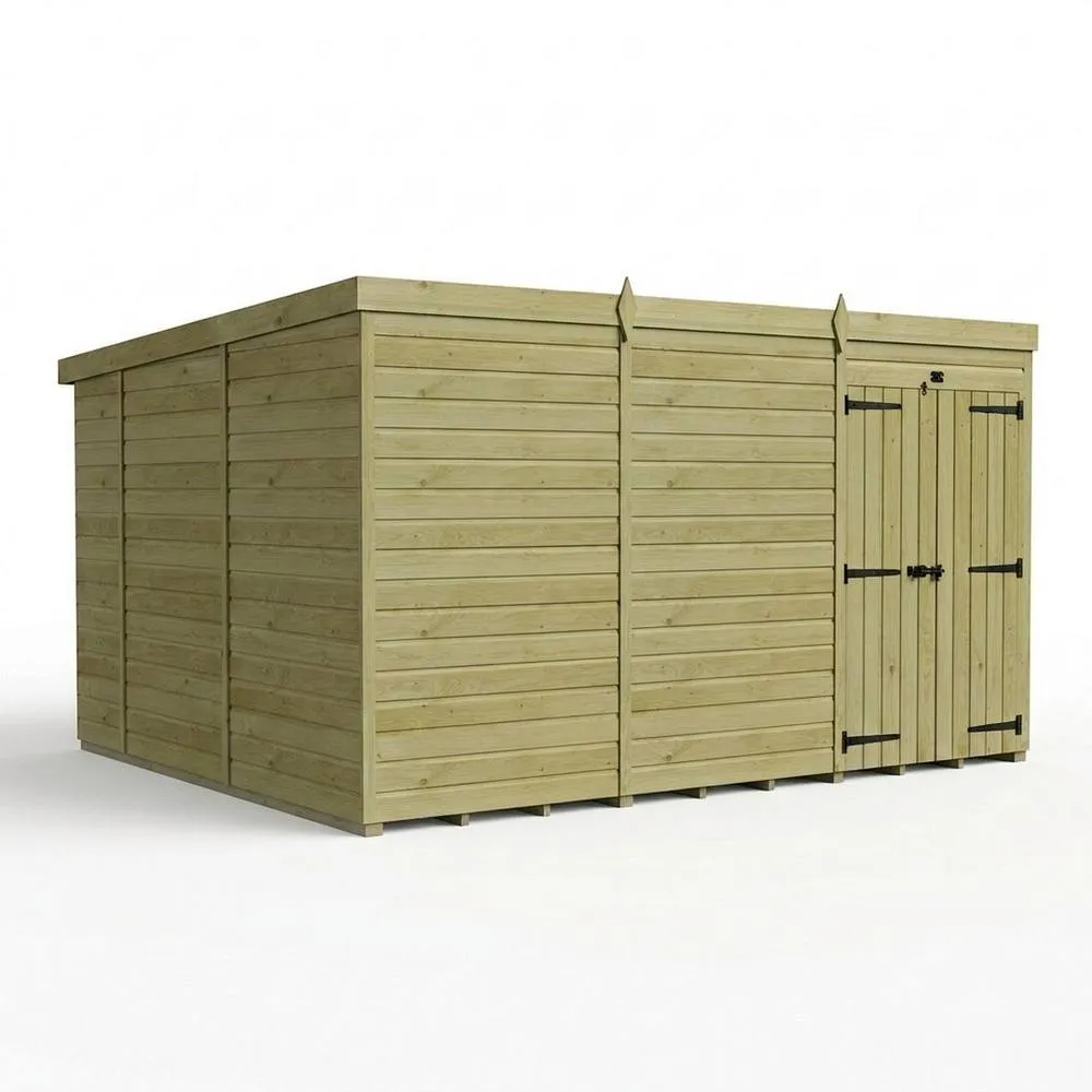 Buttercup Farm 12ft x 10ft Pent Garden Shed Double Door No Windows - Timber in Brown