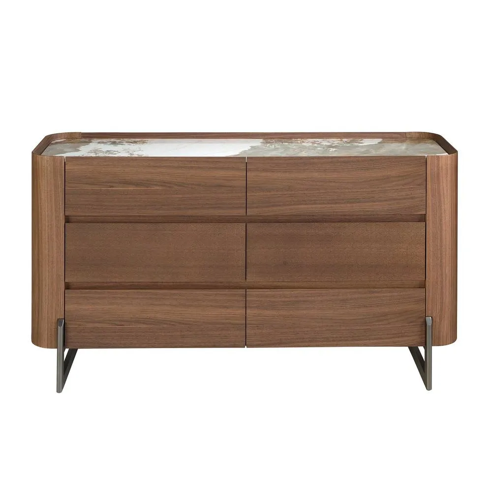 Angel Cerda Walnut Veneer 6-Drawer Chest with Porcelain Marble in Brown 2