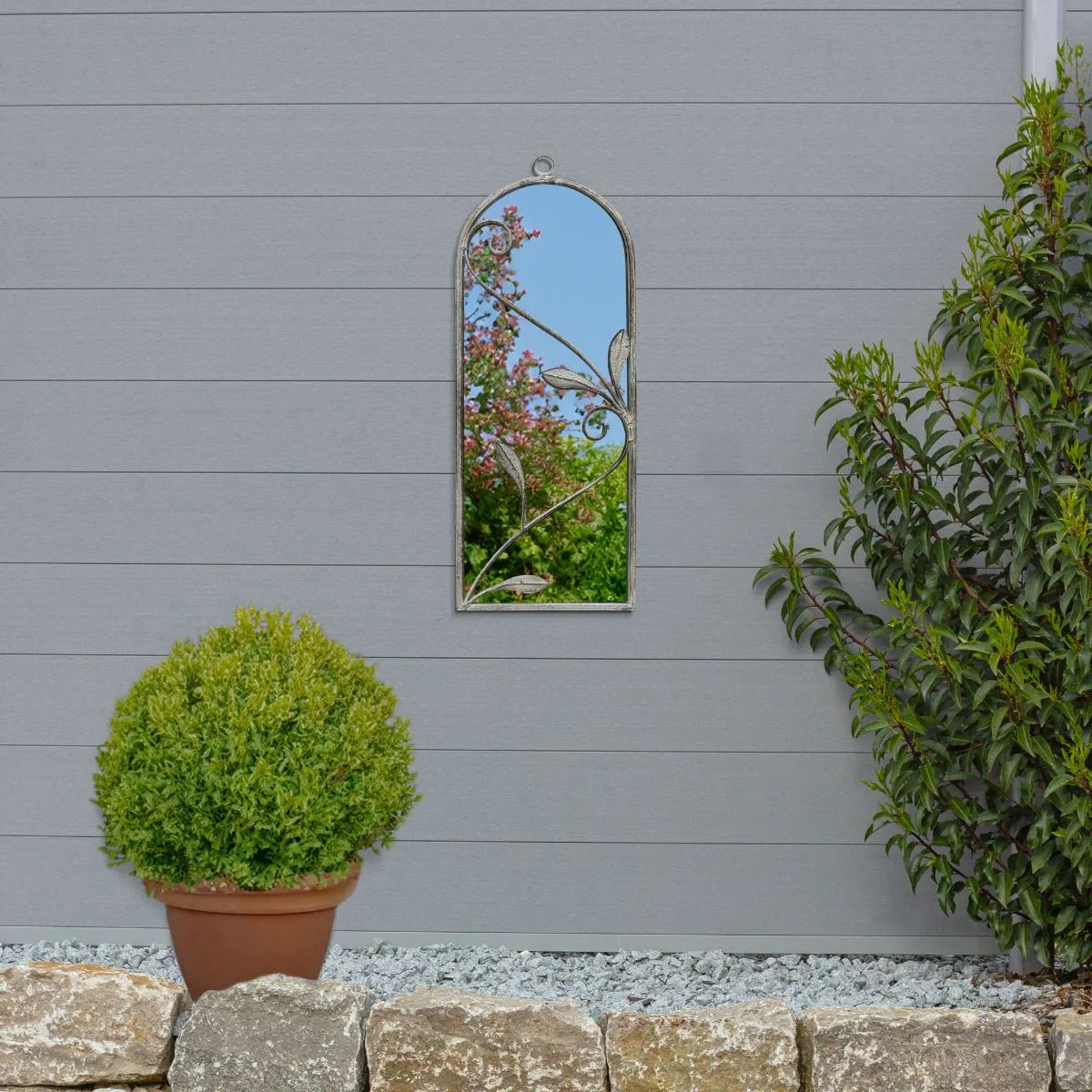 MirrorOutlet Concrete Colour Metal Frame Arched Garden Mirror 25" x 9" 64 x 24CM in Grey 6