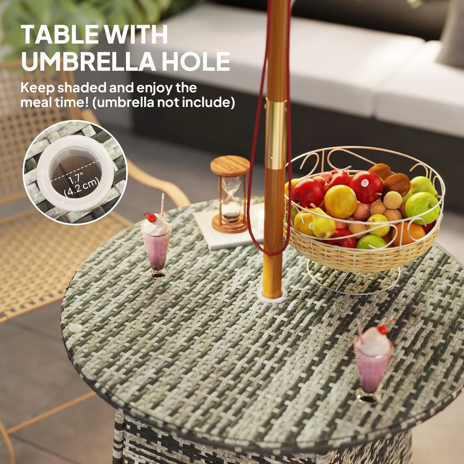 OUTSUNNY Wicker Garden Rattan Table with Umbrella Hole & Tempered Glass Top in Grey 5