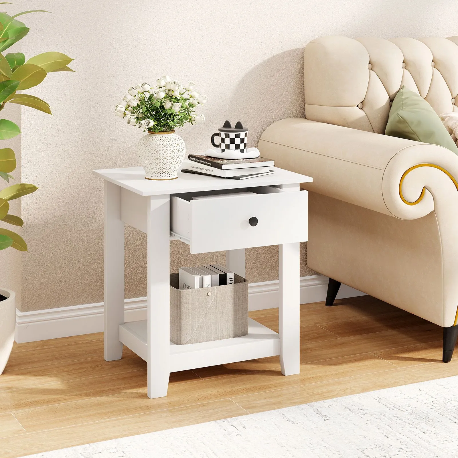 Costway 3-Tier Modern Bedside Table Wooden Nightstand with Drawer in White 3