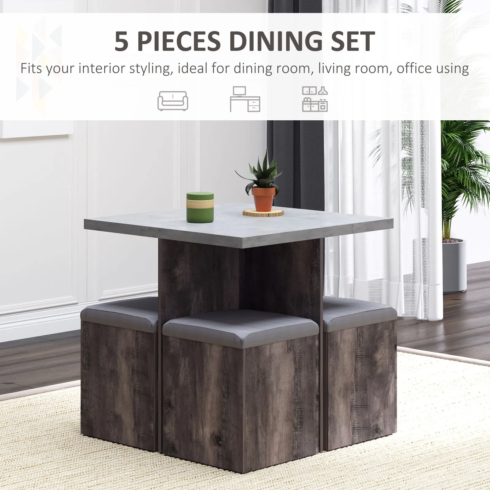 HOMCOM 5 PC Dining Set Wooden Space saving Storage Cushioned Ottoman Seats in Grey 6