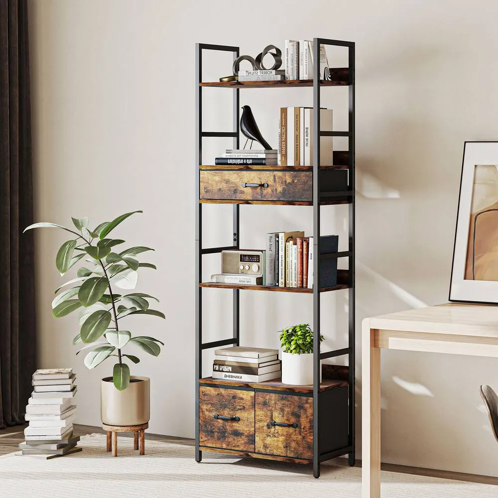 HOMCOM Industrial Bookshelf with 4 Shelves & 3 Fabric Drawers Rustic Brown
