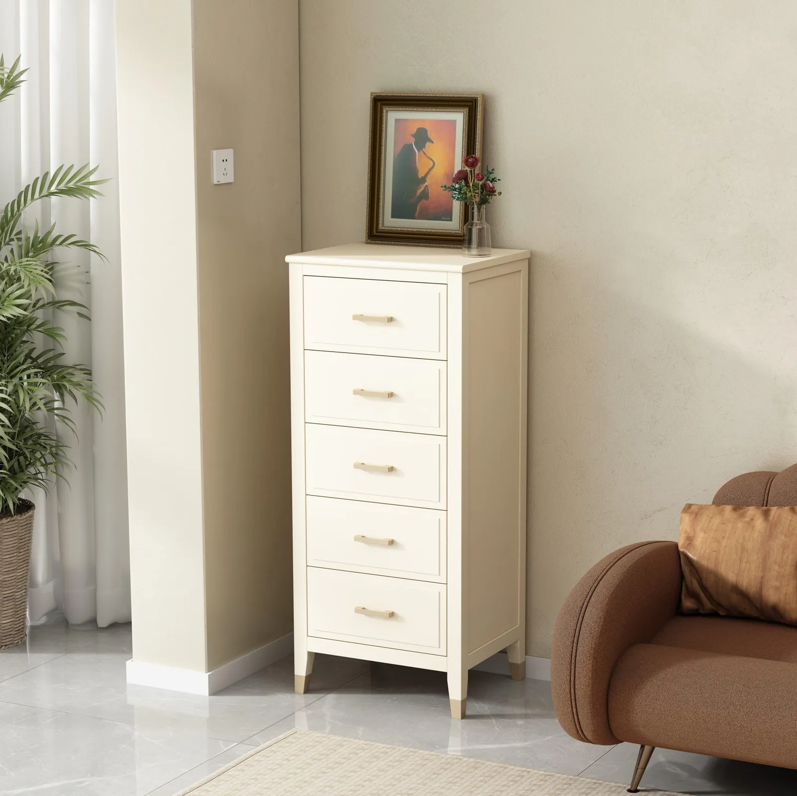 Cabinet Bits Palazzi 5 Drawer Narrow Chest of Drawers in Off-White