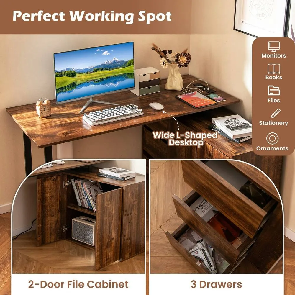 Costway L-Shaped Desk Reversible Corner Computer Desk Coffee in Brown 3