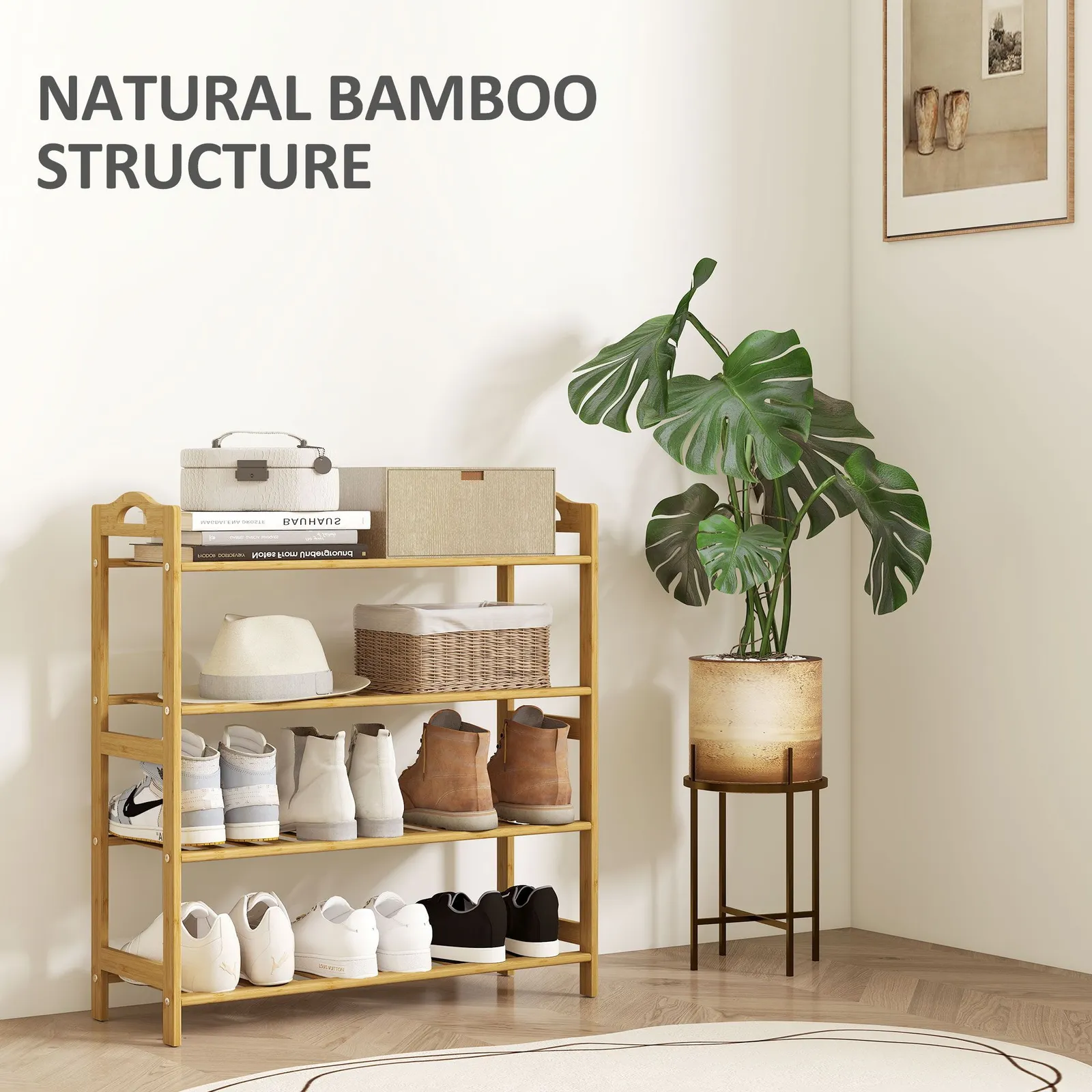 HOMCOM 4-Tier Shoe Rack, Bamboo Shoe Shelf Stand, Natural Wood Finish 4
