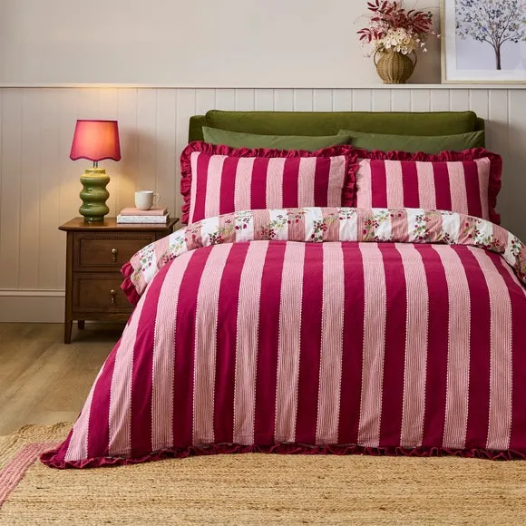 Vintage Floral Frilled 100% Brushed Cotton Duvet Cover & Pillowcase Set 2