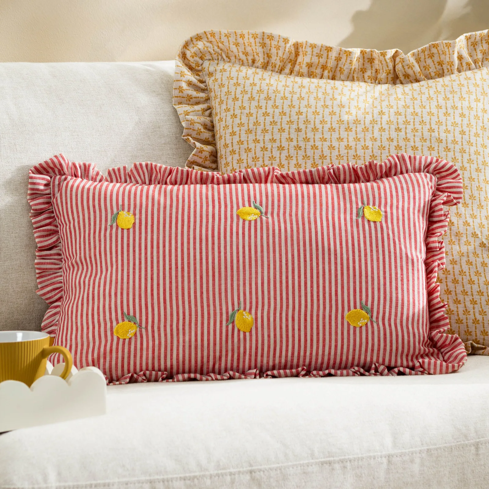 Furn Les Fruites Embroidered Ruffle Cushion in Red
