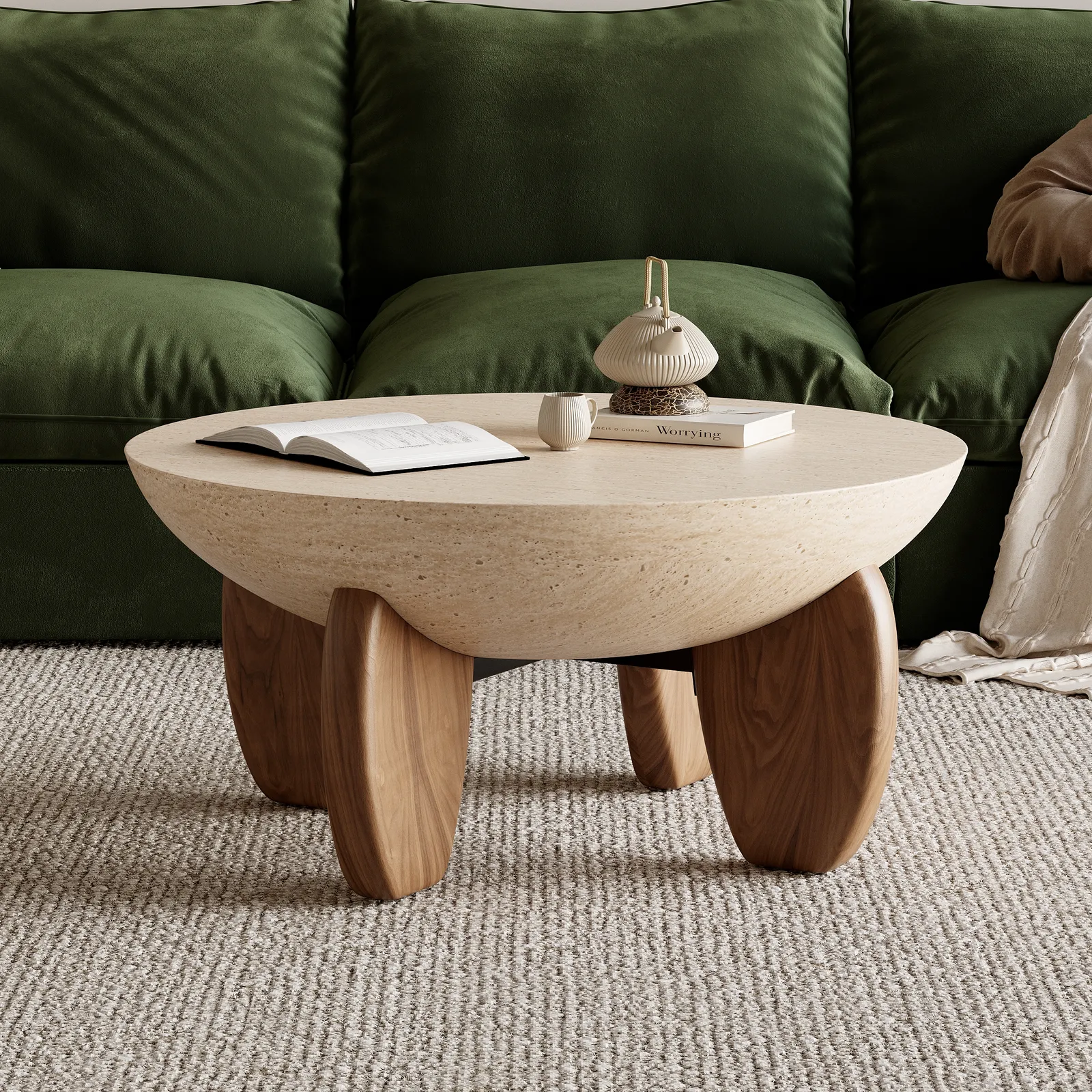 Curva Round Concrete Walnut Coffee Table with Wood Legs