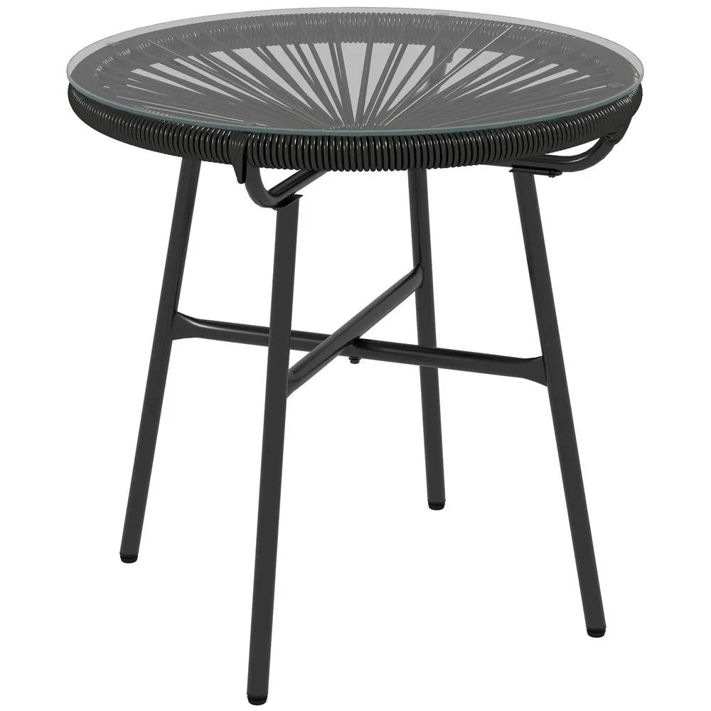 OUTSUNNY Rattan Side Table w/ Tempered Glass Tabletop, Black 2