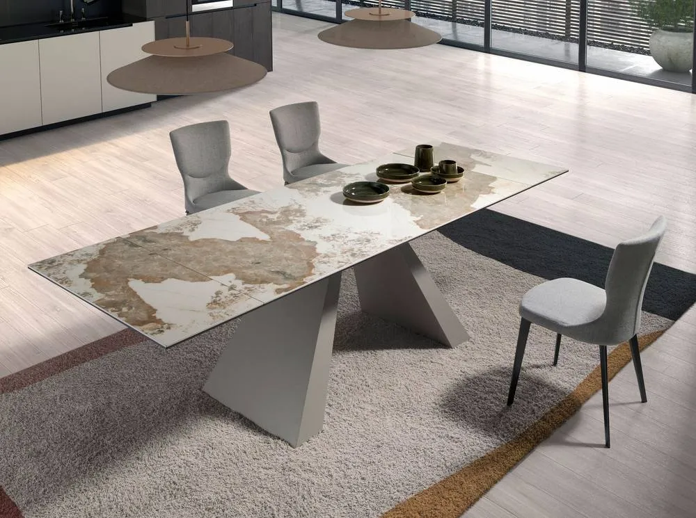 Angel Cerda Rectangular Extendable Dining Table, Porcelain Marble, Taupe Steel 4