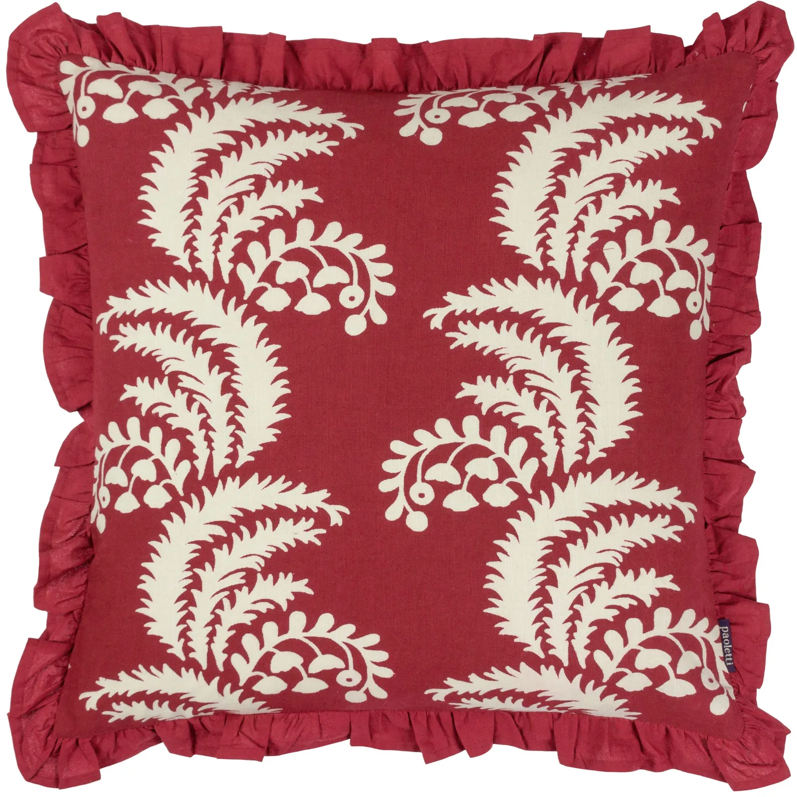Paoletti Montrose 100% Cotton Fringed Leaf Cushion in Red 2