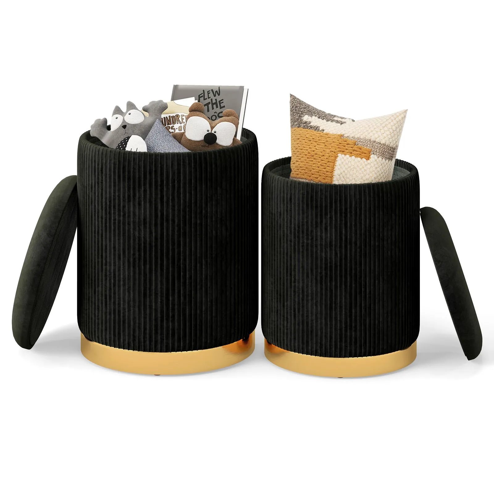 Costway 2 Pcs Velvet Round Footstools Nesting Storage Ottoman in Black