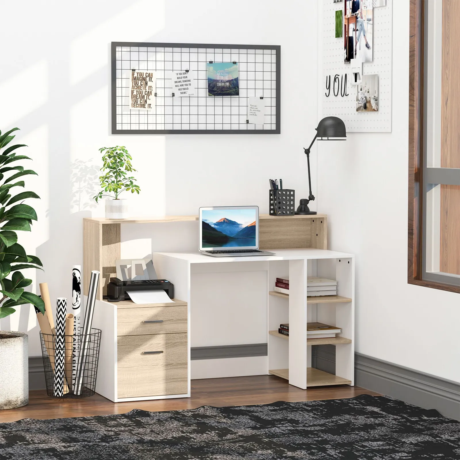 HOMCOM Multi-Storage & Workstation Desk Table Storage Shelves Home Office in Brown