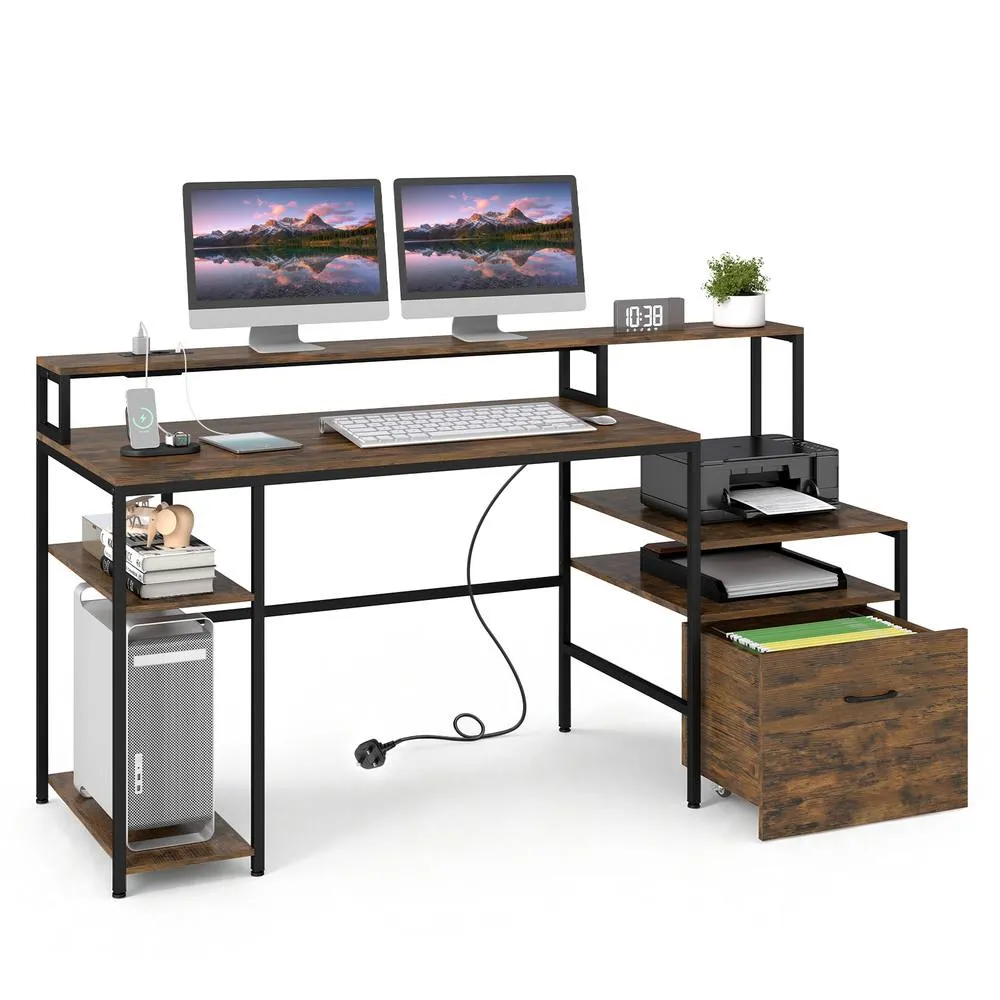 Costway Desk with Charging Station Multi-tiered Computer Workstation with Drawer in Brown