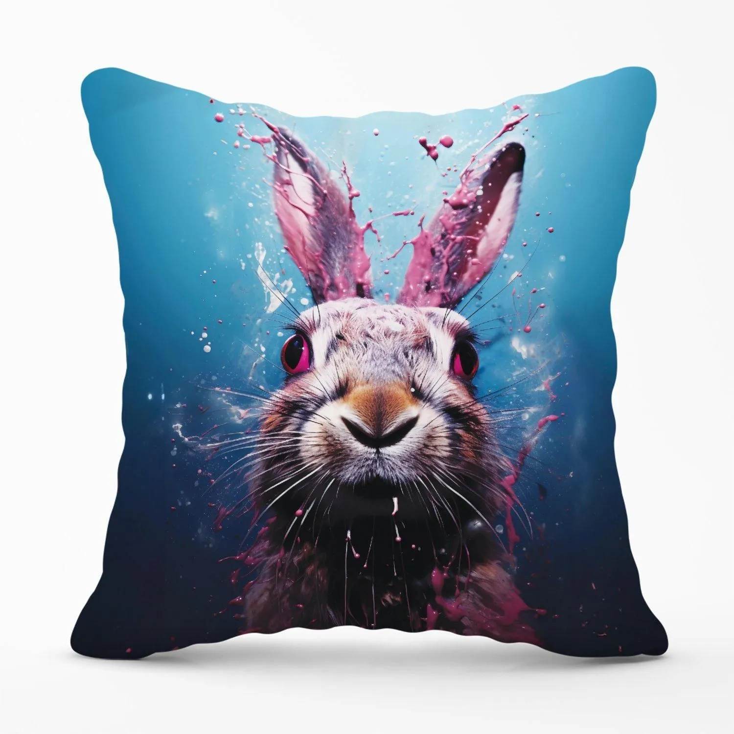 Warren Reed - Designer Rabbit Face Splashart Outdoor Cushion in Blue