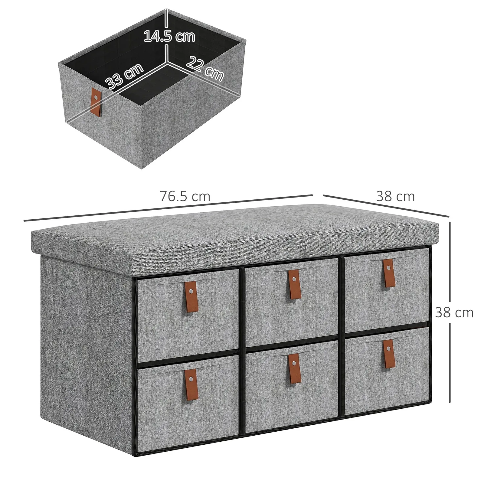 HOMCOM Shoe Bench with Cushioned Seat, 6 Fabric Drawers for Entryway Hallway in Light Grey 3