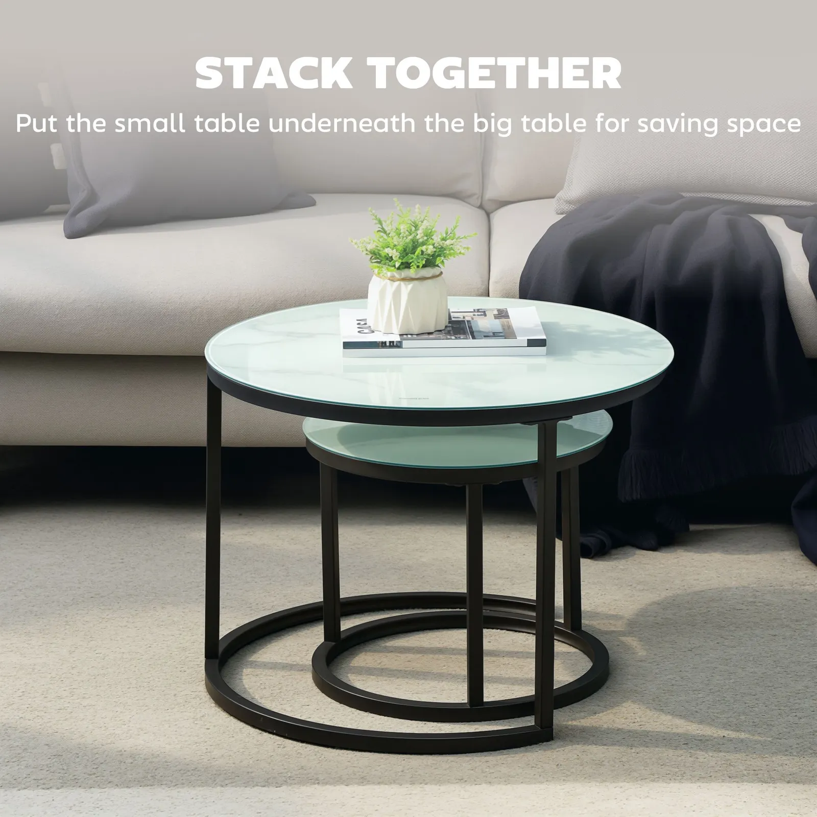 HOMCOM Glass Coffee Table Set of 2, Round Nest of Tables, White 4