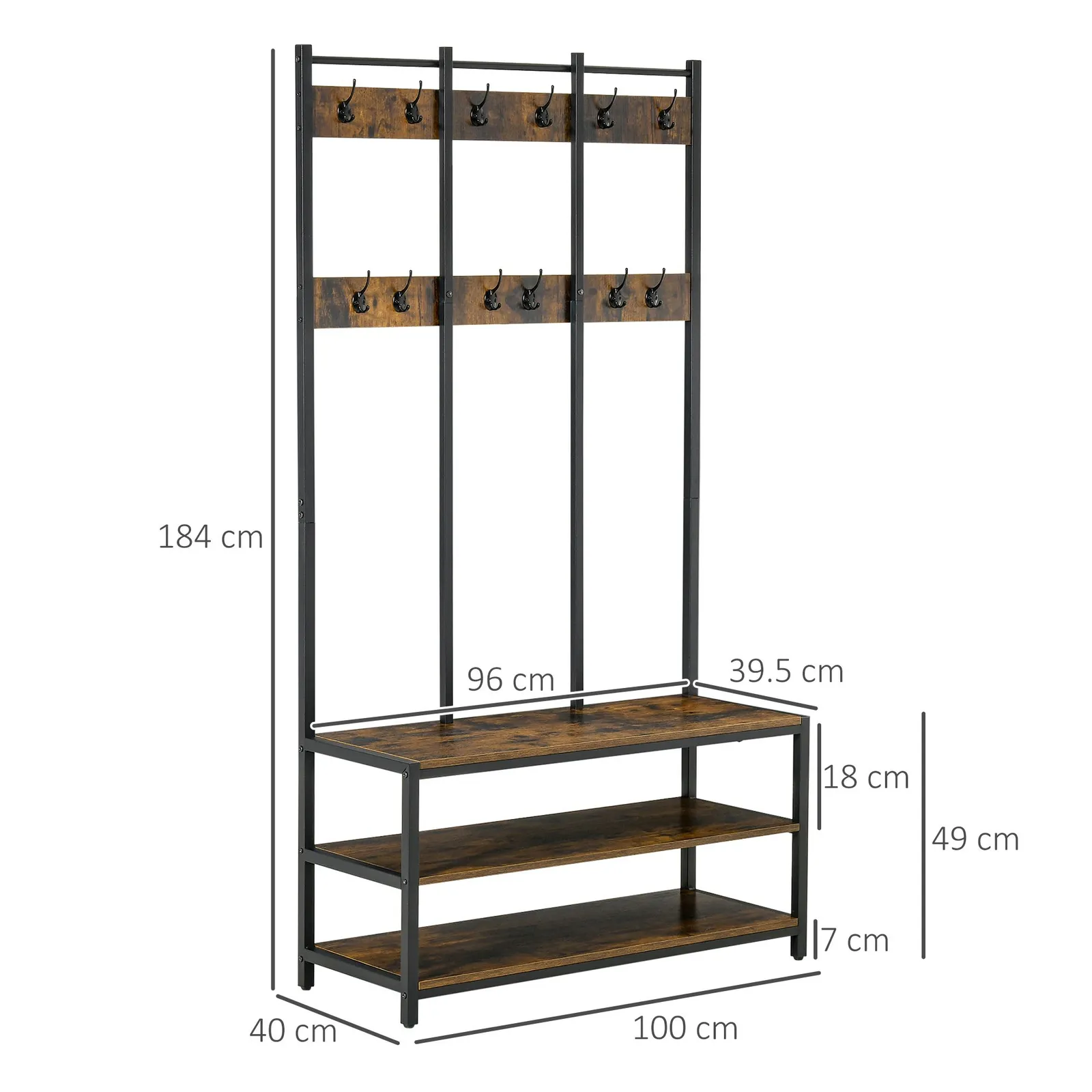 HOMCOM Industrial Coat Rack Shoe Bench Hall Tree Entryway Clothes Storage in Brown 3