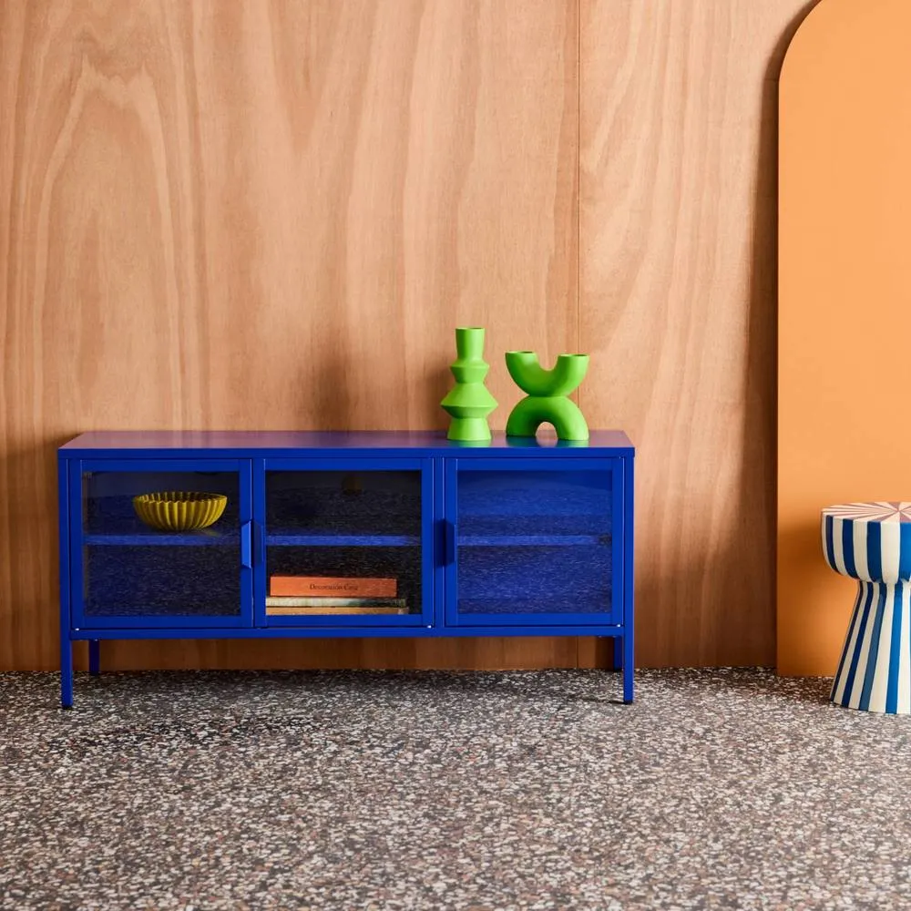 sweeek Industrial metal & tempered glass TV stand with 3 doors 120cm in Blue 3