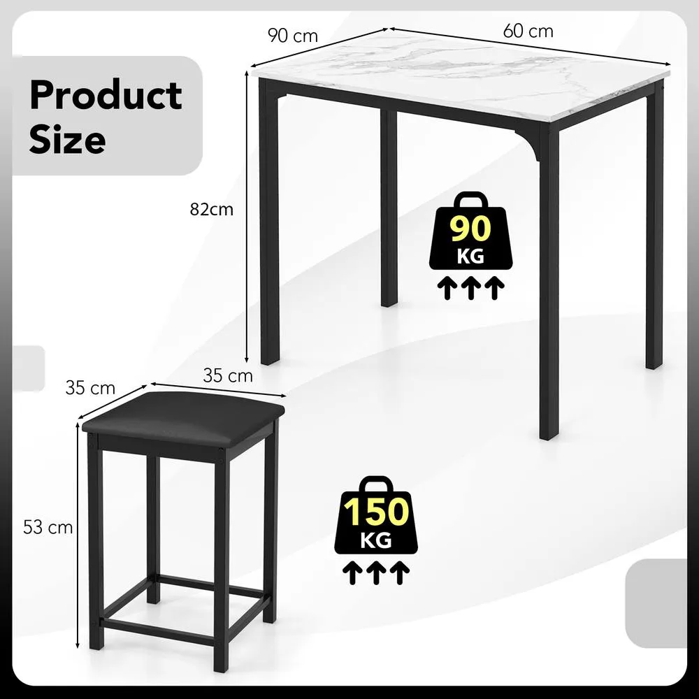 Costway 3 Piece Dining Table Set Modern Bar Table with 2 Upholstered Bar Stools in White 3