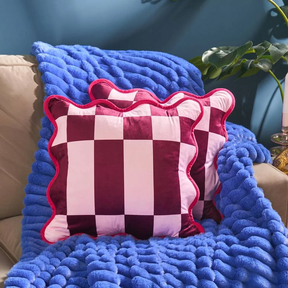 OHS 2 x Scallop Edge Checkerboard Matte Velvet Cushion Covers in Burgundy